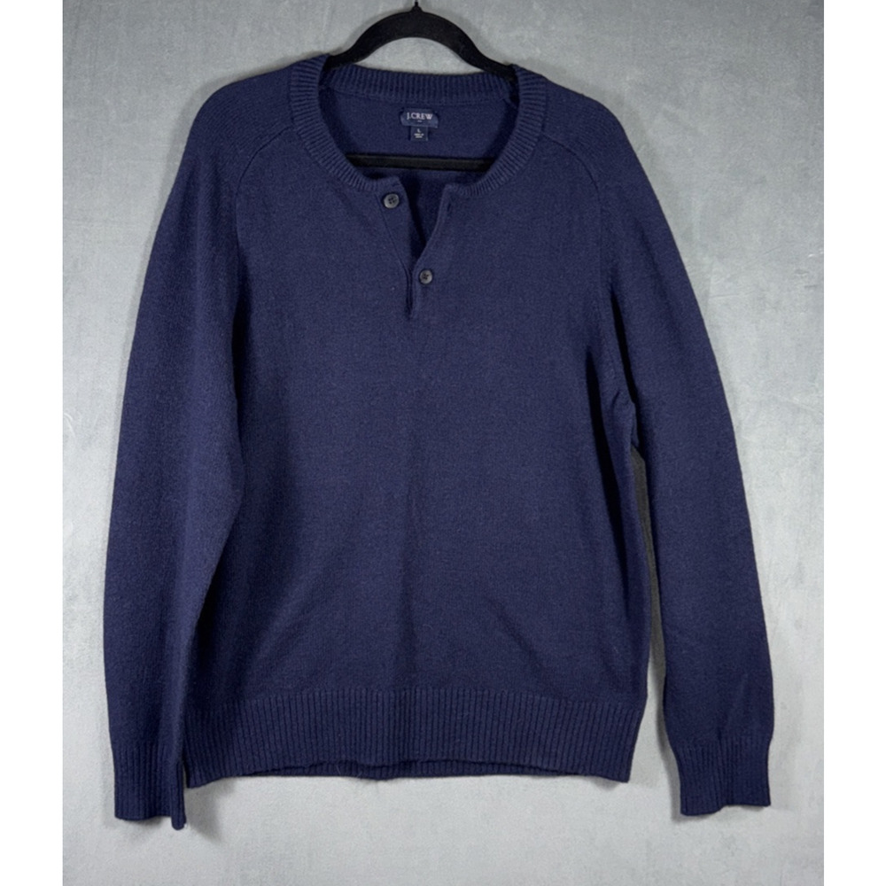J.Crew Factory Mens Large L Blue Lambswool Blend Henley‎ Sweater Knit Stretch
